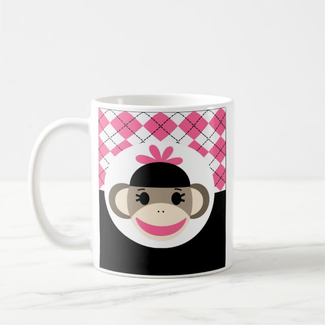 Cute Baby Girl Sock Monkey Pink Black Argyle Coffee Mug (Left)