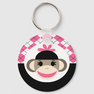 Cute Baby Girl Sock Monkey Pink Black Argyle Keychain