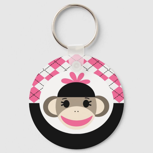 Cute Baby Girl Sock Monkey Pink Black Argyle Keychain (Front)