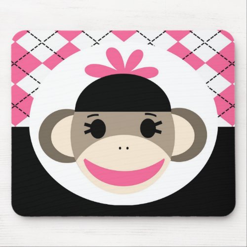 Cute Baby Girl Sock Monkey Pink Black Argyle Mouse Pad