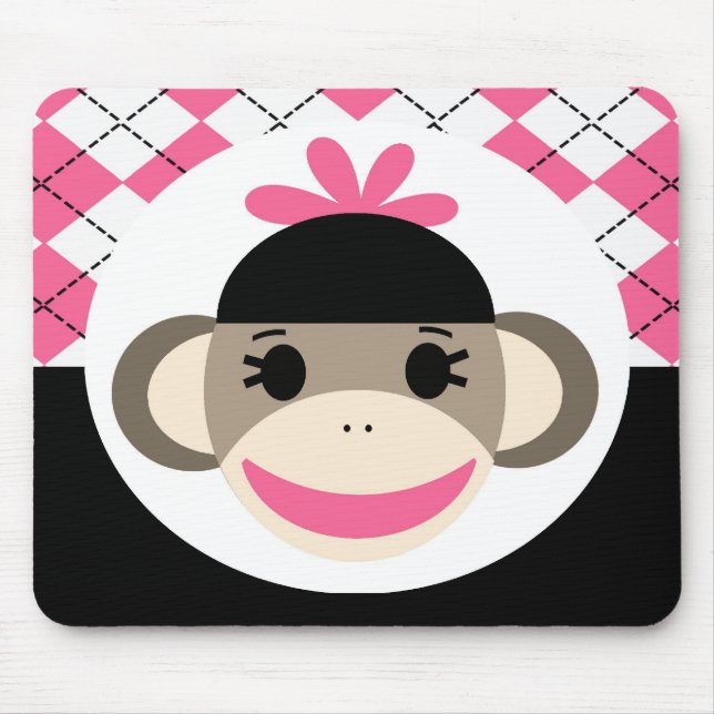 Cute Baby Girl Sock Monkey Pink Black Argyle Mouse Pad (Front)