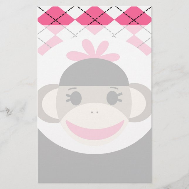 Cute Baby Girl Sock Monkey Pink Black Argyle Stationery (Front)