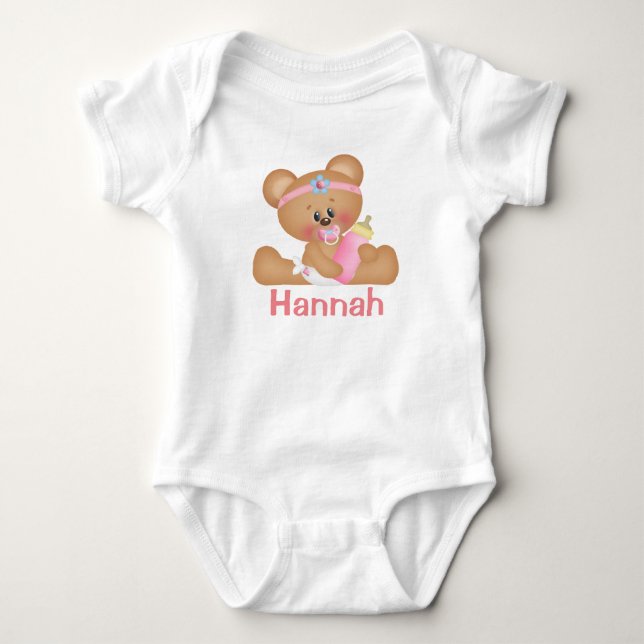Cute Baby Girl Teddy Bear and Monogram Baby Bodysuit (Front)