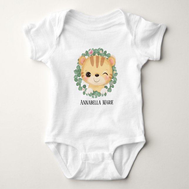 cute baby girl tiger add name baby bodysuit (Front)