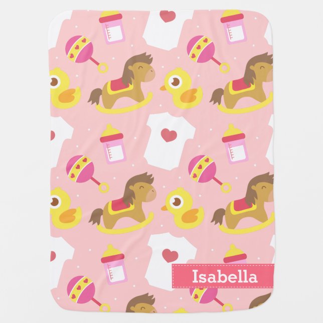 Cute Baby Girl Toys and Clothes Pattern Receiving Blanket (Front)