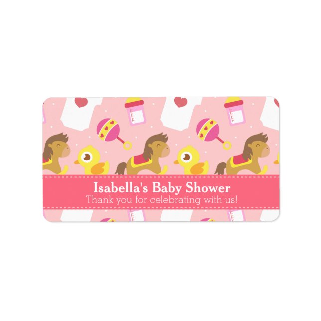 Cute Baby Girl Toys, Baby Shower Party Favor Label (Front)