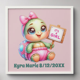 Cute baby girl turtle announcement add name date peel and stick photo tile