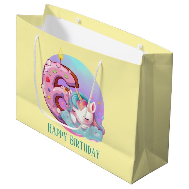 Cute baby girl unicorn 6th Birthday Large Gift Bag (Front Angled)