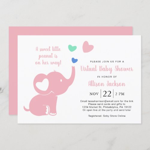Cute Baby Girl Virtual Shower Elephant Pink Invitation