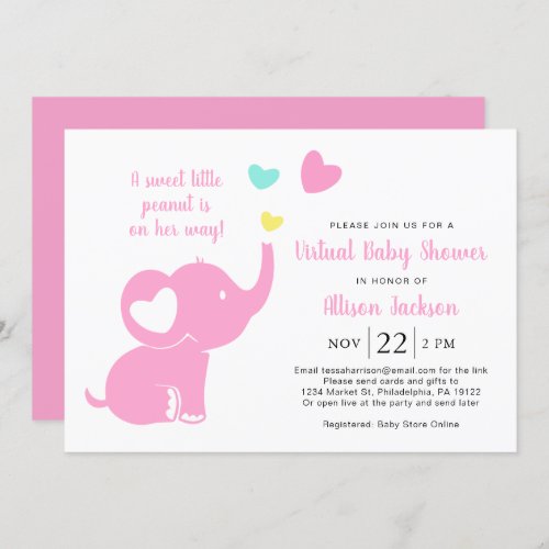 Cute Baby Girl Virtual Shower Pink Elephant Invitation