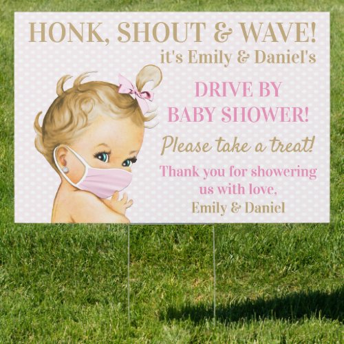 Cute Baby Girl With Face Mask Drive By Baby Shower Sign