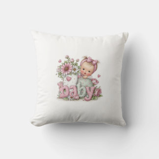 Cute Baby Girl with Flowers & Pink Letters | Sweet Throw Pillow