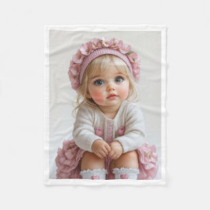 Cute Baby Girl with Pink Floral Crown Fleece Blank Blanket