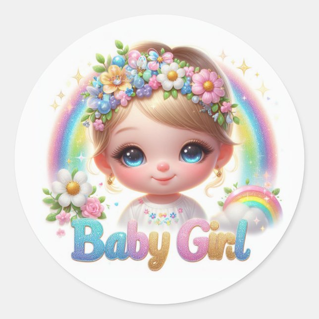 Cute Baby Girl with Rainbow and Flowers Classic Round Sticker (Front)