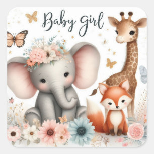 Cute Baby Girl Woodland Animals with Flowers  Square Sticker