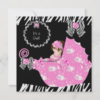 Cute Baby Girl Zebra Baby Shower Pink Pram Invitation