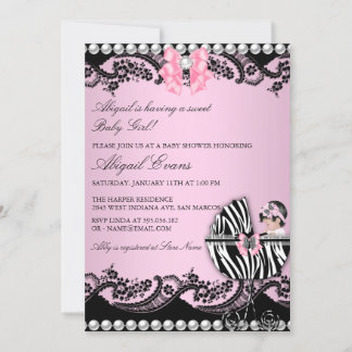 Cute Baby Girl Zebra Lace & Bows Baby Shower Invitation