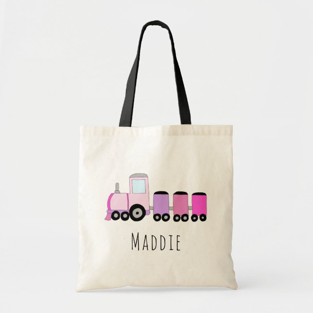Cute Baby Girl's Locomotive Train and Name Tote Bag (Front)
