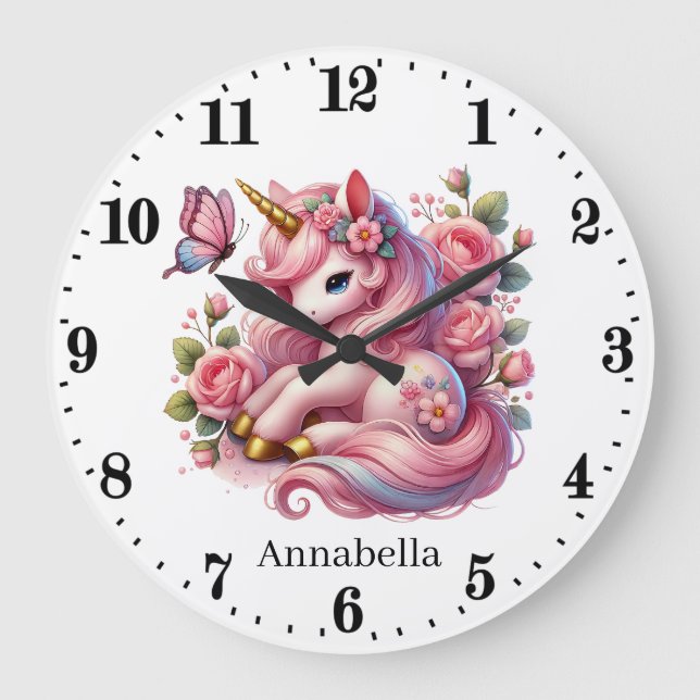 Cute baby girls nursery unicorn large clock (Front)