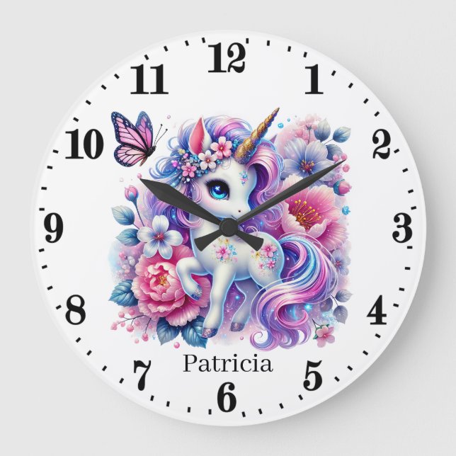 Cute baby girls nursery unicorn  large clock (Front)