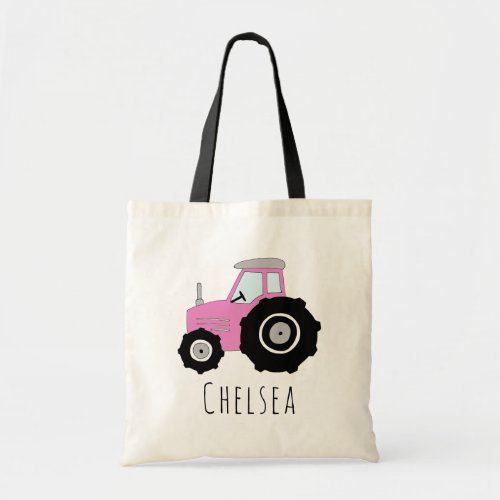Cute Baby Girls Pink Farm Tractor and Name Tote Bag