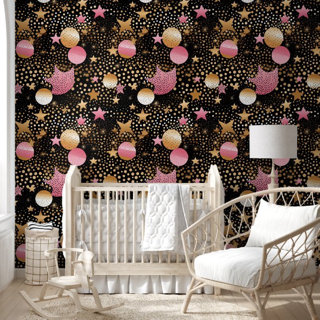 Cute baby girls stars pattern nursery  wallpaper  (Kids)