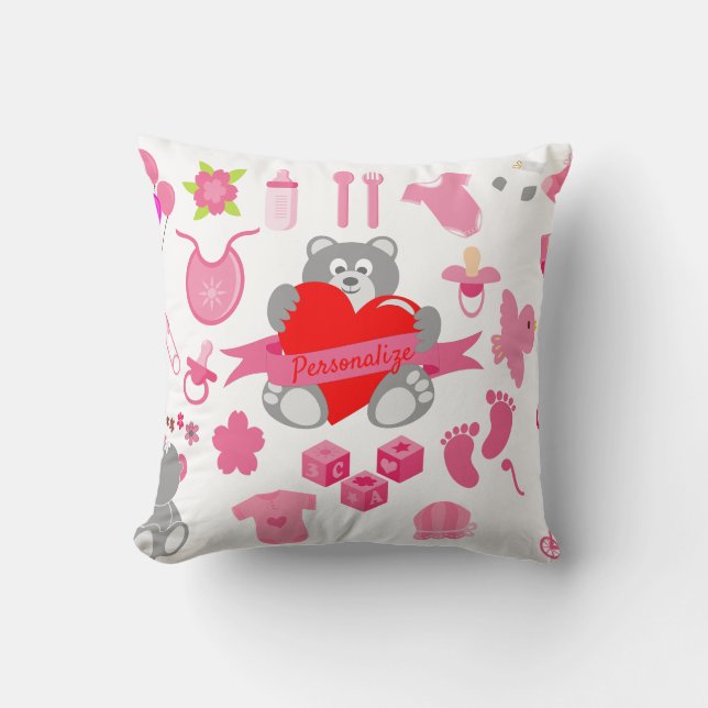 Cute Baby Girly Pink Teddy Bear Personalized Throw Pillow (Front)