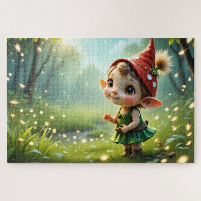 Cute Baby Gnome Chasing Fireflies Jigsaw Puzzle (Horizontal)