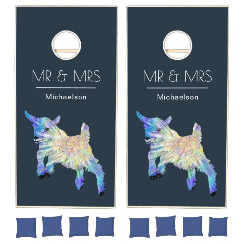 Cute Baby Goat Blue Wedding Cornhole Set