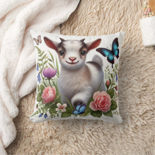 Cute Baby Goat Butterflies Wildflowers Farm Art Throw Pillow