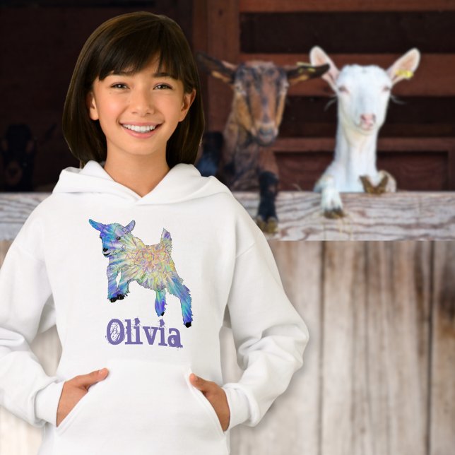 Cute Baby Goat Farm Animal Art Hoodie (Cute jumping baby goat colorful animal art custom name girls sweatshirt)