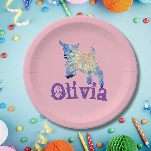 Cute Baby Goat Jumping Animal Art add Name Paper Plates (Goat farm animal themed birthday party personalized pink paper plate cute jumping baby goat art)