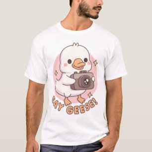 Cute Baby Goose With Camera Say Geese Funny Pun T-Shirt