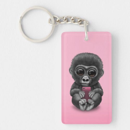 Cute Baby Gorilla Holding a Cell Phone Pink Keychain