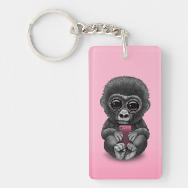Cute Baby Gorilla Holding a Cell Phone Pink Keychain (Front)