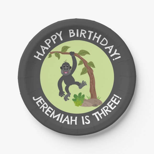 Cute baby gorilla personalised cartoon birthday paper plates (Front)
