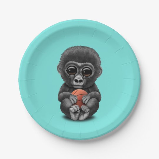 Cute Baby Gorilla Playing With Basketball Paper Plate