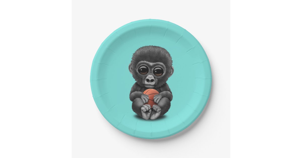 Cute Baby Gorilla Playing With Basketball Paper Plate Zazzle Com