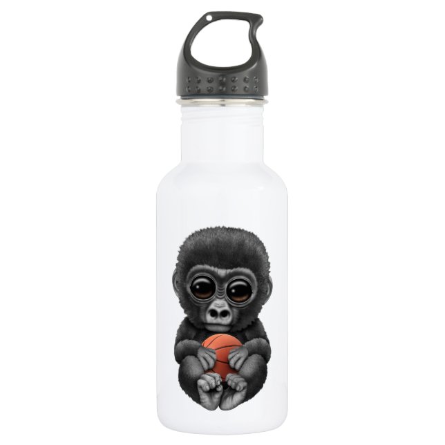 Cute Baby Gorilla Playing With Basketball Stainless Steel Water Bottle (Front)