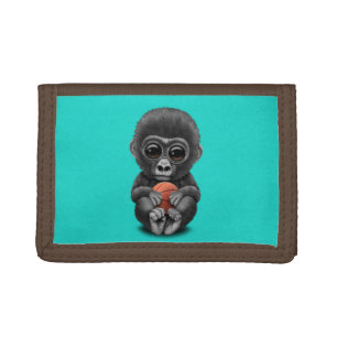 Cute Baby Gorilla Playing With Basketball Trifold Wallet