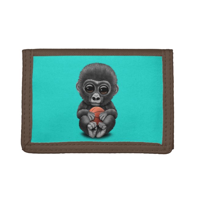Cute Baby Gorilla Playing With Basketball Trifold Wallet (Front)