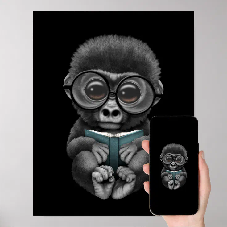 Cute Baby Gorilla Reading a Book on Black Poster | Zazzle
