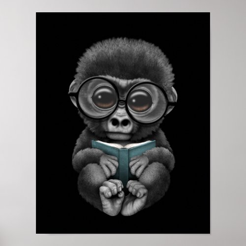Cute Baby Gorilla Reading a Book on Black Poster