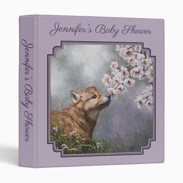 Cute Baby Gray Wolf Pup and Flowers 3 Ring Binder (Front/Spine)