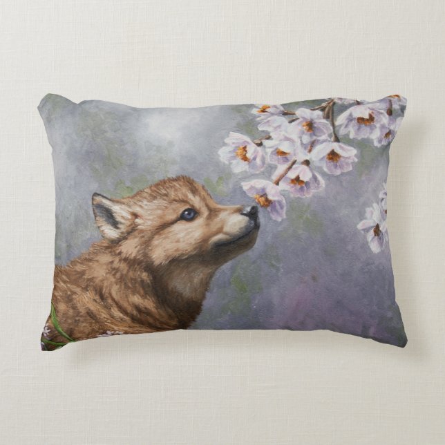 Cute Baby Gray Wolf Pup and Flowers Accent Pillow (Front)
