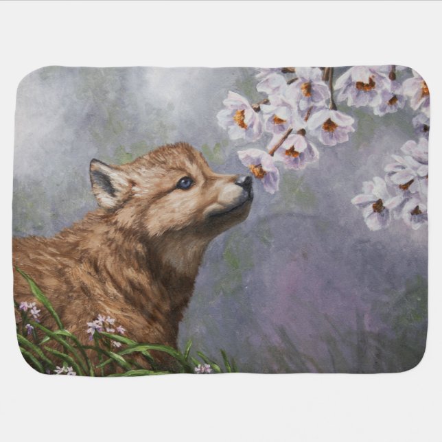 Cute Baby Gray Wolf Pup and Flowers Baby Blanket (Horizontal)
