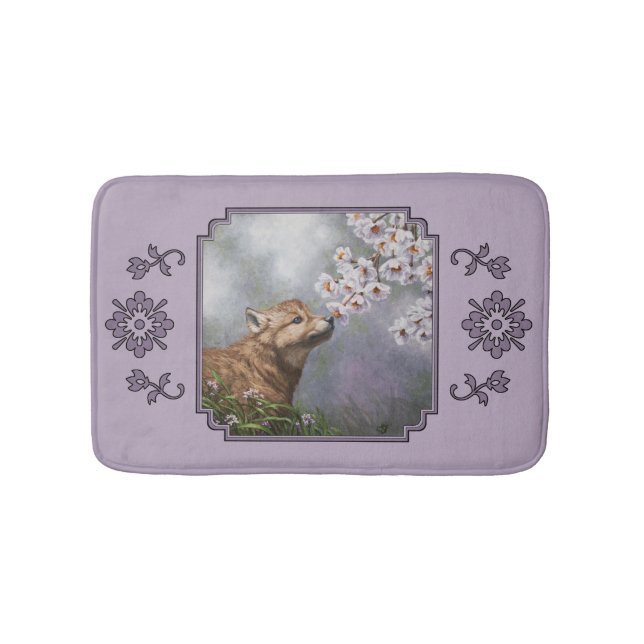 Cute Baby Gray Wolf Pup and Flowers Bath Mat (Front)