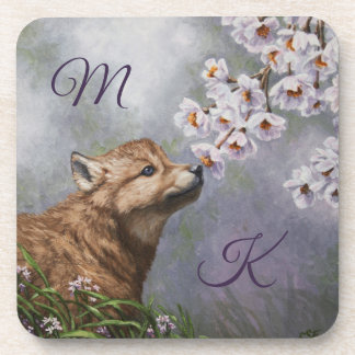 Cute Baby Gray Wolf Pup and Flowers Beverage Coaster