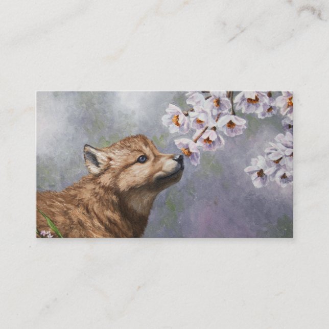 Cute Baby Gray Wolf Pup and Flowers Business Card (Front)