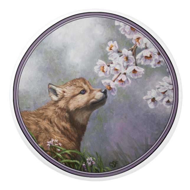 Cute Baby Gray Wolf Pup and Flowers Ceramic Knob (Front)